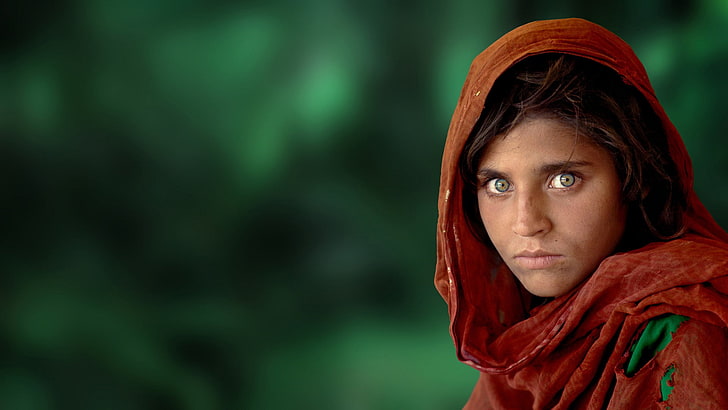 women's brown hijab veil, photo manipulation, Steve McCurry, portrait
