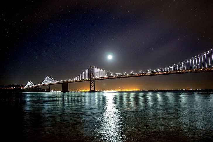 brown and white metal bridge, San Francisco, water, night sky, HD wallpaper