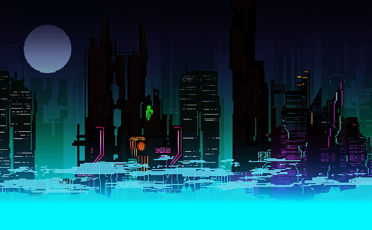 The city, Future, The moon, Skyscrapers, Pixels, 8Bit