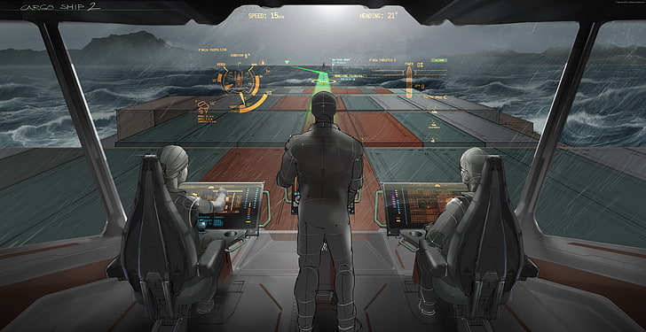 future, bridge, 2025, cargo ship envisioning, containers, illustration