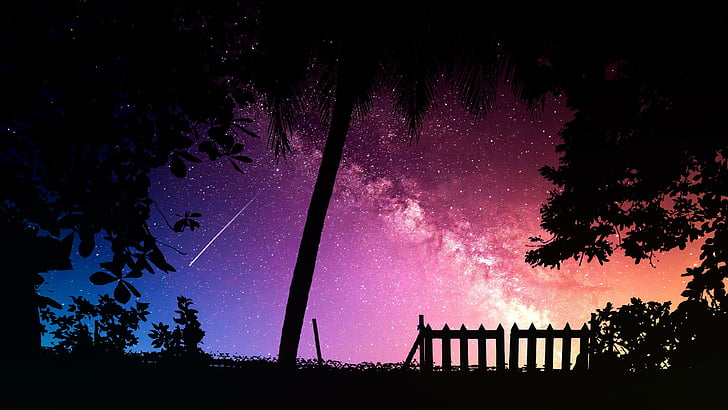 shooting star, meteor, stars, milky way, fence, night, tree