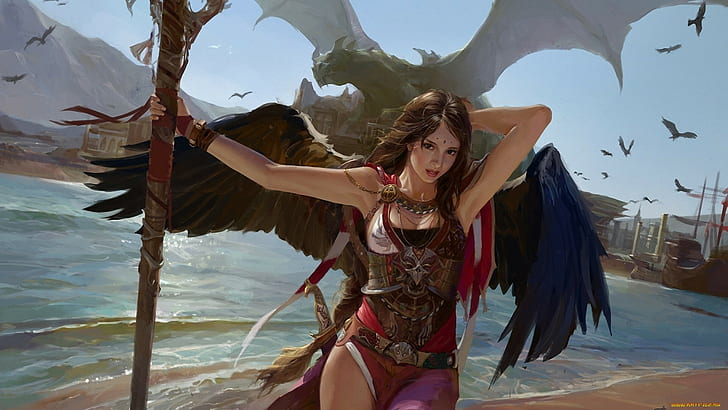 winged 3D female character illustration, fantasy art, dragon