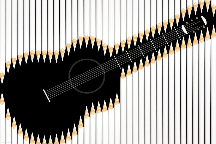 black guitar illustration, art, abstraction, pencils, music, musical Instrument, HD wallpaper
