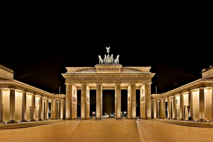 berlin, brandenburg, city, euope, gate, germany, monument, night