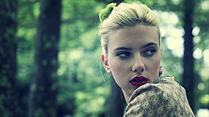 Scarlett Johansson, women, actress, portrait, forest, one person