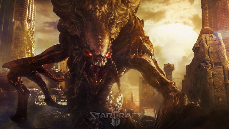Star Craft digital wallpaper, starcraft 2, monster, city, destruction