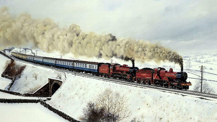 Twin Engine Steam Train, passenger, winter, cars, HD wallpaper