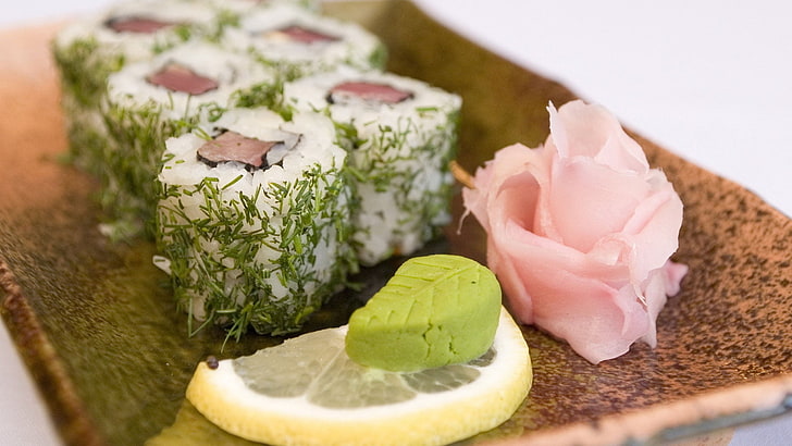 wasabi paste, sushi, fennel, lemon, ginger, food, gourmet, freshness, HD wallpaper
