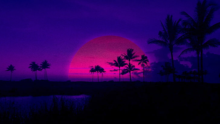 silhouette of pine trees, palm trees, Retrowave, purple, sunset