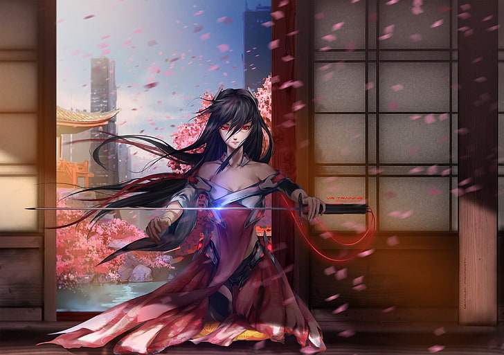 anime, kimono, sword, katana, house, petals, artwork, original characters, HD wallpaper