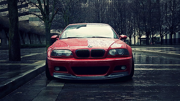 red BMW car, urban, city, red cars, vehicle, BMW M3 E46, mode of transportation