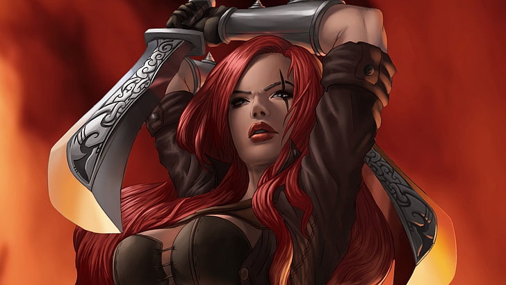 red haired woman holding sword wallpaper, League of Legends, katarina (league of legends)