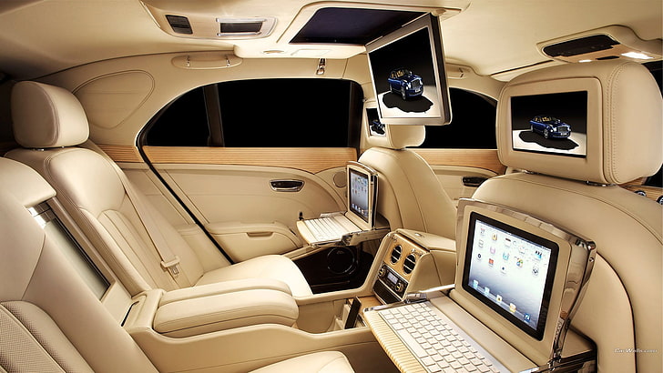 brown car seats with laptops, Bentley Mulsanne, car interior