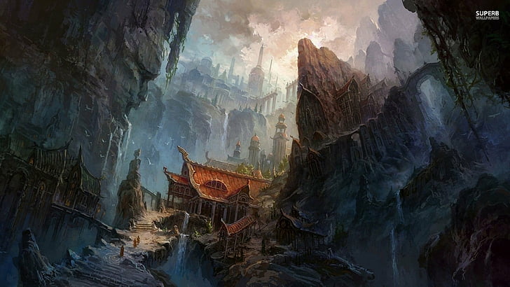 Fantasy, Temple, mountain, nature, water, cave, scenics - nature, HD wallpaper