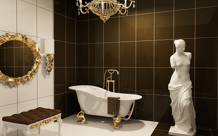 Classic Bathroom Furniture, venus milo statue; white jetted bath tub; gold-color scrolled oblong mirror