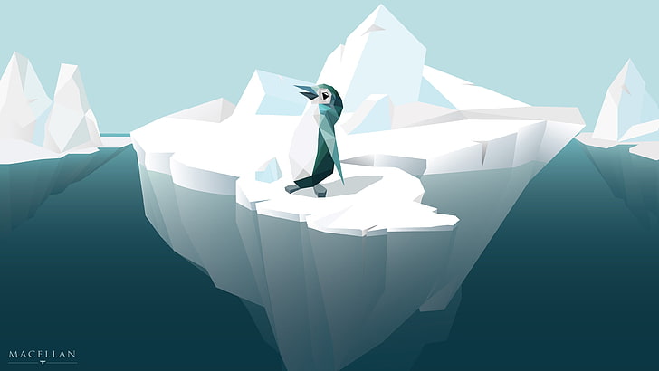 macellan, penguins, iceberg, cold, low poly, minimalism, watermarked, HD wallpaper