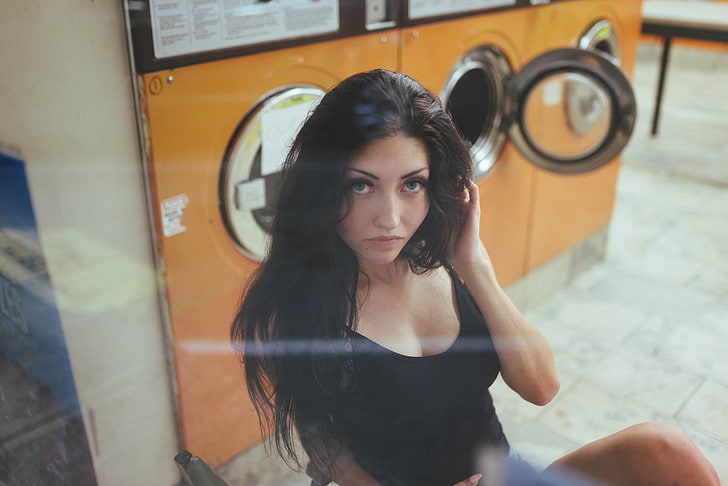 washing machine, women, face, dark hair, model, one person