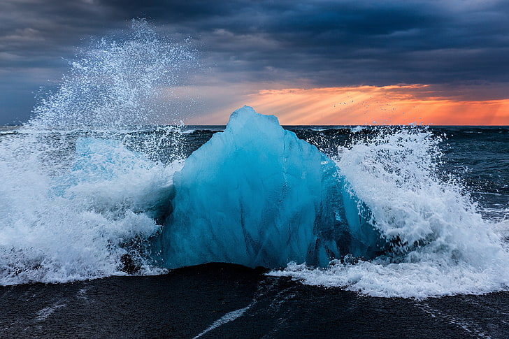 ice, Iceland, nature, sea, water, motion, wave, power, power in nature