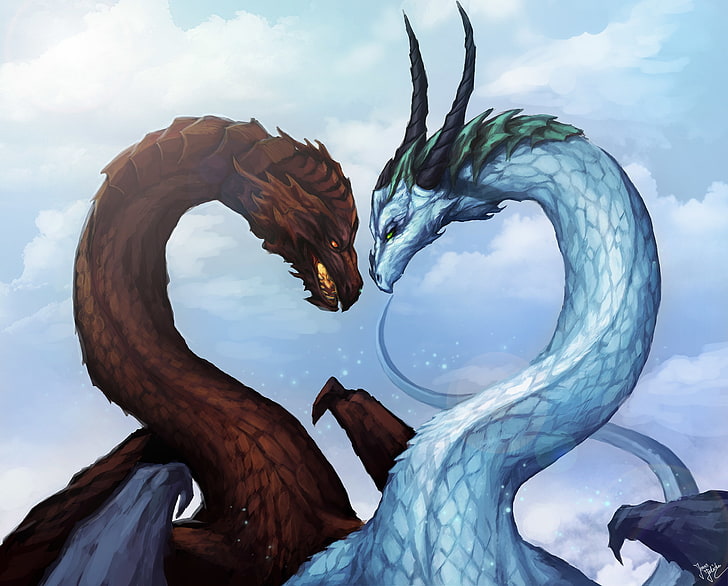 ice and fire dragons illustration, winter, snow, love, fiction