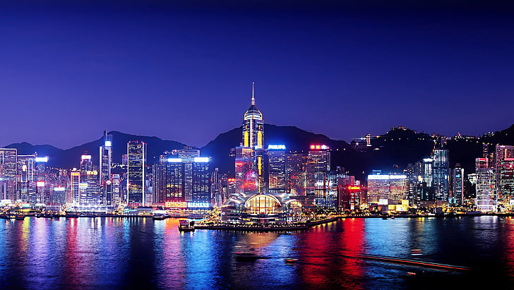 city buildings at night, cityscape, Hong Kong, harbor, city lights