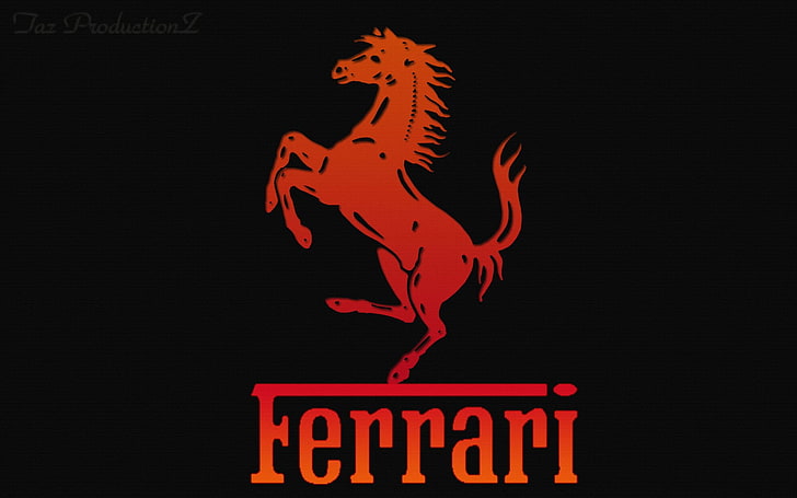 Ferrari logo, text, neon, illuminated, sign, communication, black background