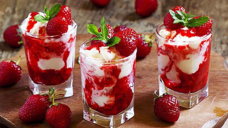 strawberry, dessert, strawberries, whipped cream, ice cream, HD wallpaper