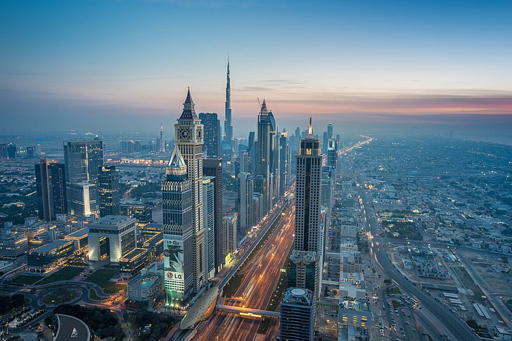 Dubai, city, aerial view, skyscraper, building exterior, architecture, HD wallpaper