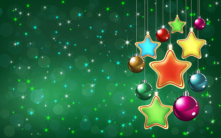 multicolored bauble and star wallpaper, holiday, New year, green background