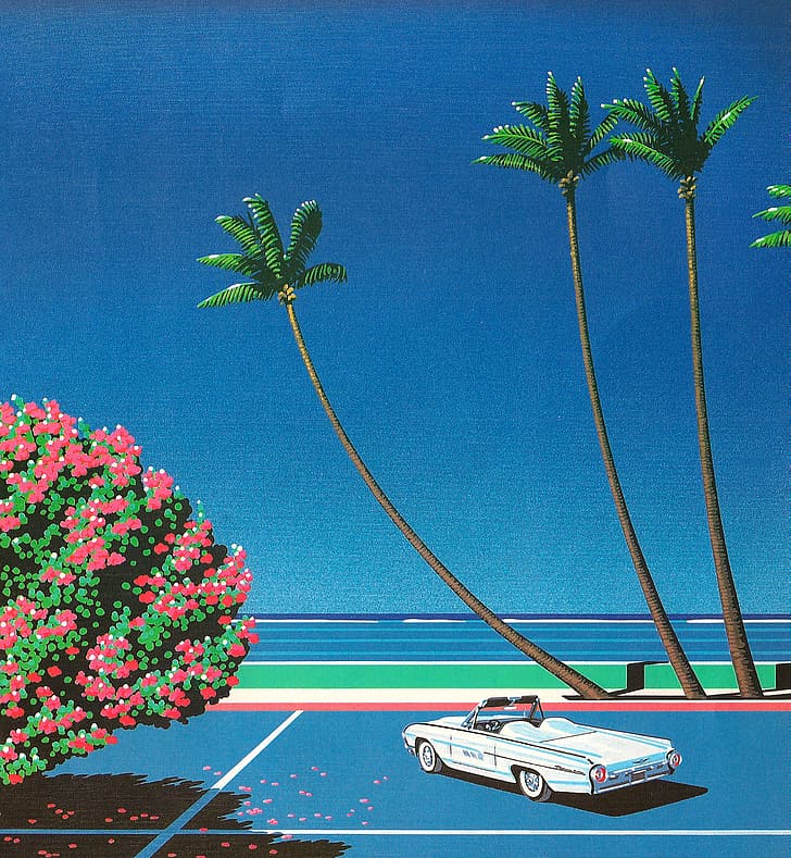 Hiroshi Nagai, Retrowave, painting, water, palm trees
