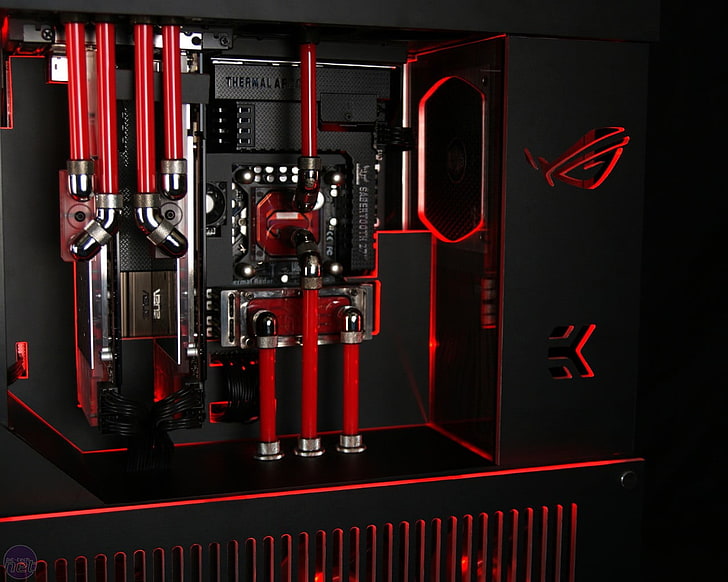 red and black computer tower, ASUS, PC gaming, technology, water cooling