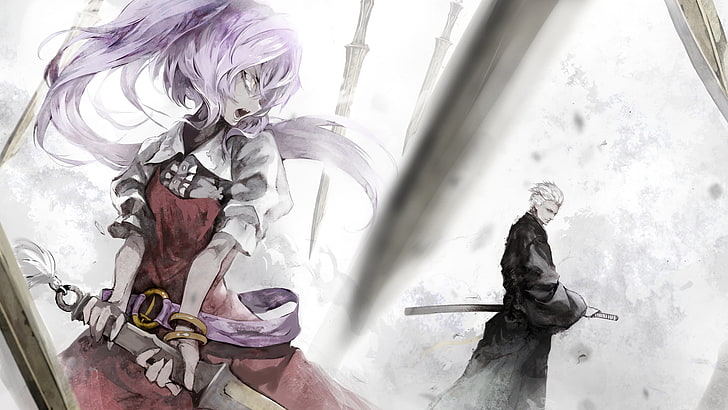 purple-haired female in red dress holding sword in front of male wearing traditional suit and holding katana anime character digital wallpaper, HD wallpaper