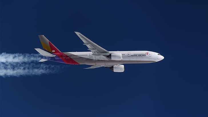 The plane, Boeing 777, In flight, Contrail, Asiana Airlines, HD wallpaper