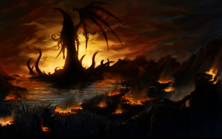 dragon and fire digital wallpaper, Cthulhu, horror, creature, HD wallpaper