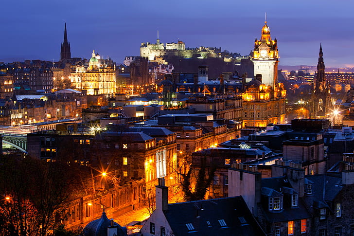 castle, city, Cityscape, Clocktowers, Edinburgh, Lights, night, HD wallpaper