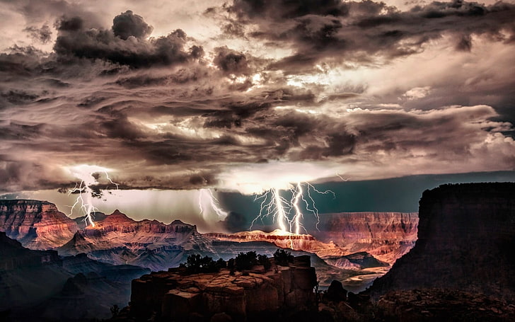 brown cliff, Grand Canyon, lightning, storm, clouds, night, erosion, HD wallpaper