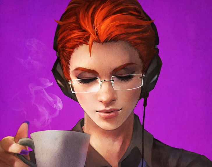 Moira, overwatch, fantasy, girl, cup, glasses, pink, portrait
