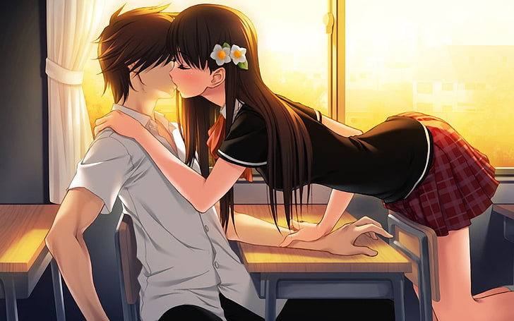 HD wallpaper: boy and girl kissing illustration, anime boys, flower in hair  | Wallpaper Flare