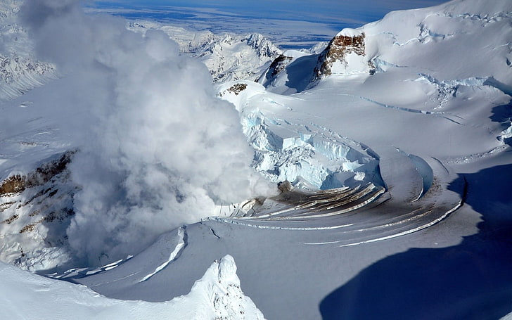 snow covered mountain, landscape, Alaska, vapor, volcano, eruption, HD wallpaper