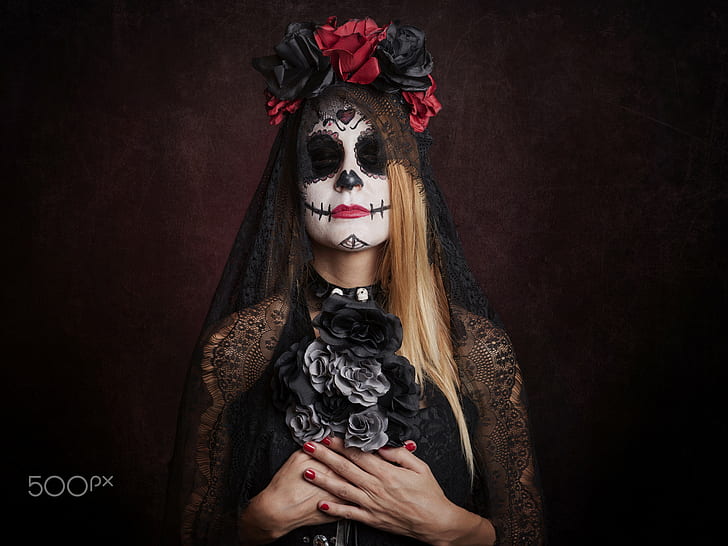 women, skull, blonde, Dia de los Muertos, HD wallpaper