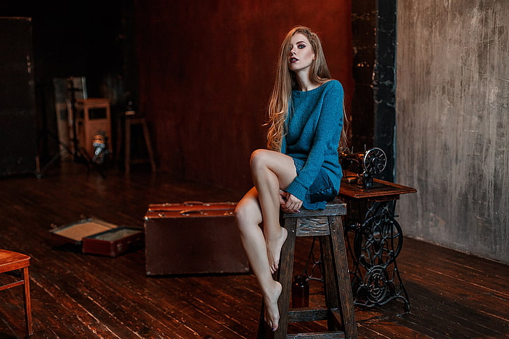 Vlad Popov, women, model, brunette, portrait, sitting, sewing machine, HD wallpaper