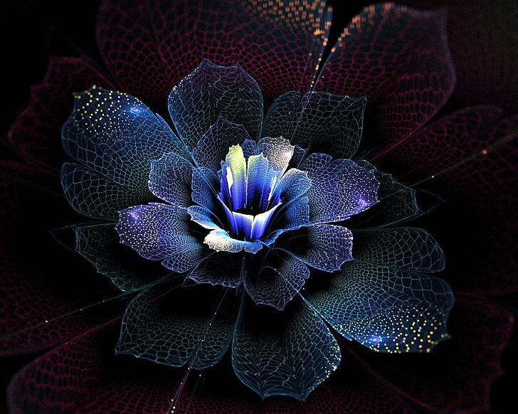 blue and maroon flower illustration, abstract, fractal, fractal flowers, HD wallpaper