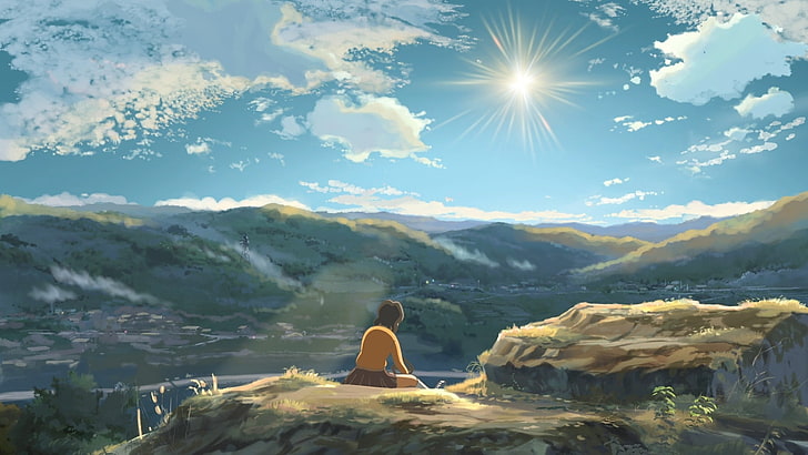 anime, landscape, Hoshi wo Ou Kodomo, anime girls, sky, Sun, HD wallpaper