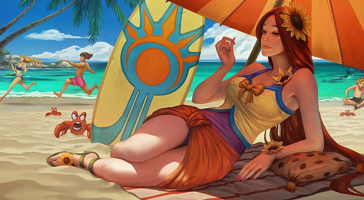 leona artwork league of legends pool party, full length, leisure activity, HD wallpaper