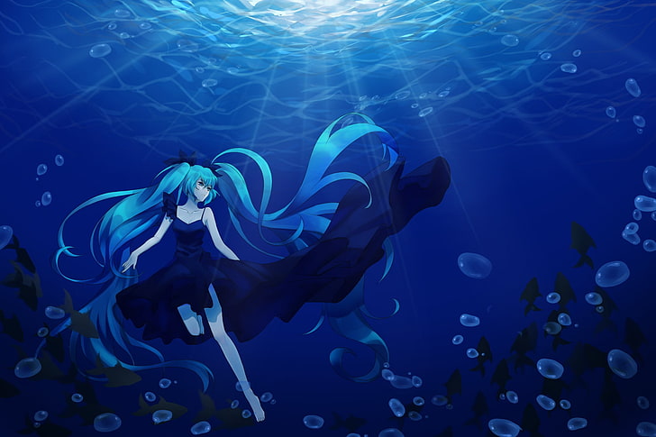 Miku Hatsune, Hatsune Miku, Vocaloid, sea, underwater, aqua hair, HD wallpaper