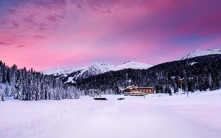 Madonna di Campiglio, Italy, Alps, mountains, trees, snow, houses, dusk