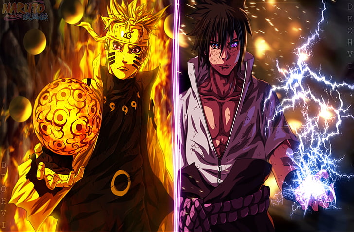 Naruto and Saske illustration, Anime, Naruto Uzumaki, Sasuke Uchiha, HD wallpaper