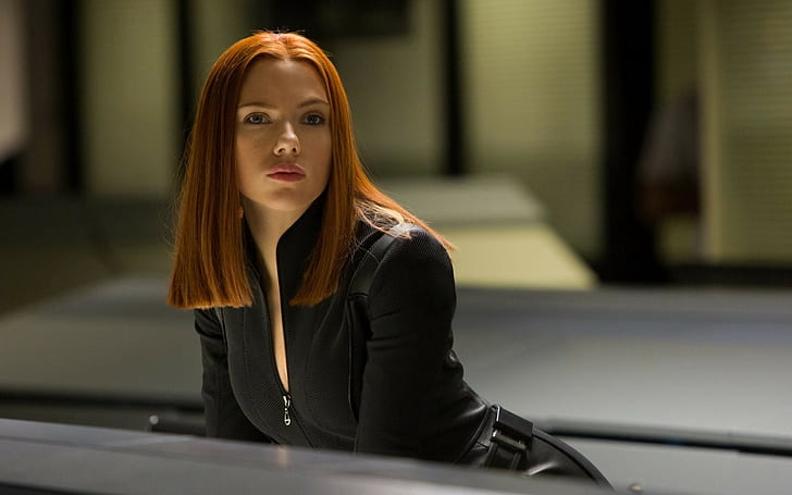 actress, redhead, Captain America: The Winter Soldier, black suit, HD wallpaper