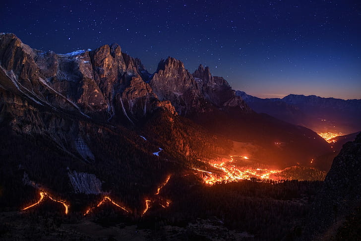 stars, fire, mountains, sky, lights, Alps, valley, night, HD wallpaper