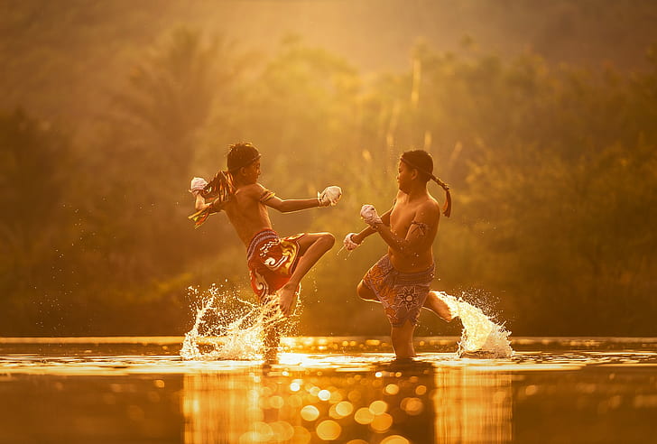 boxing, Thailand, sunlight, children, water
