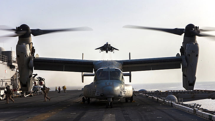 military aircraft, aircraft carrier, Boeing-Bell V-22 Osprey, HD wallpaper